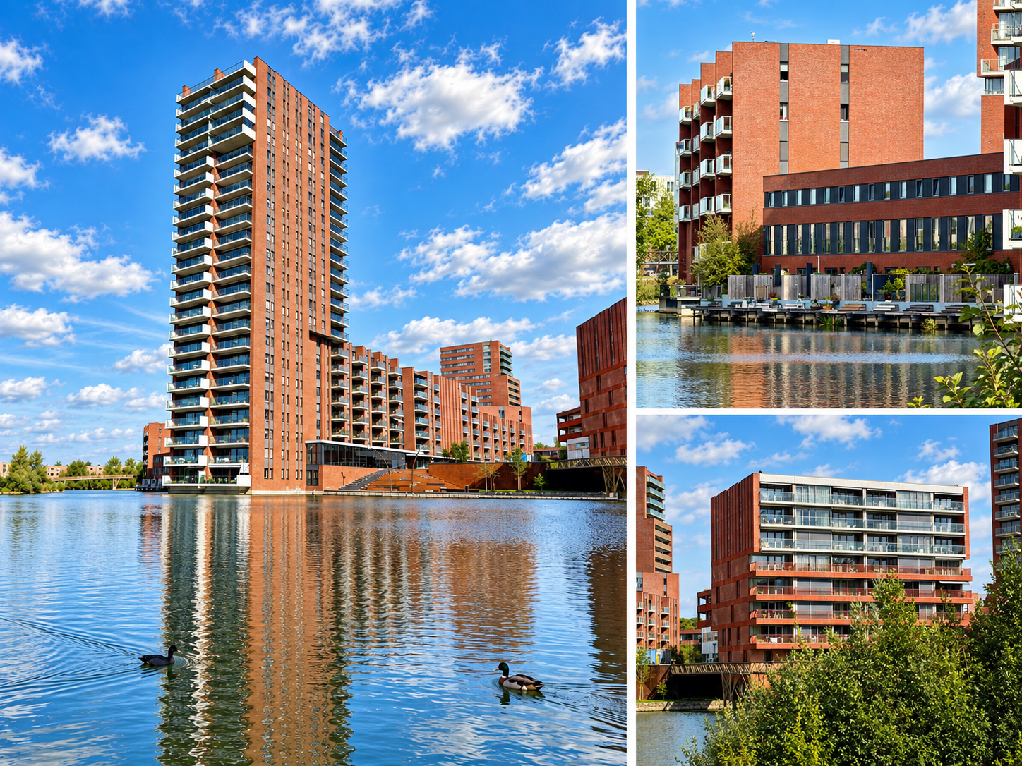 Appartementengebouwen met rode bakstenen gevels aan het water bij Meerrijk in Eindhoven