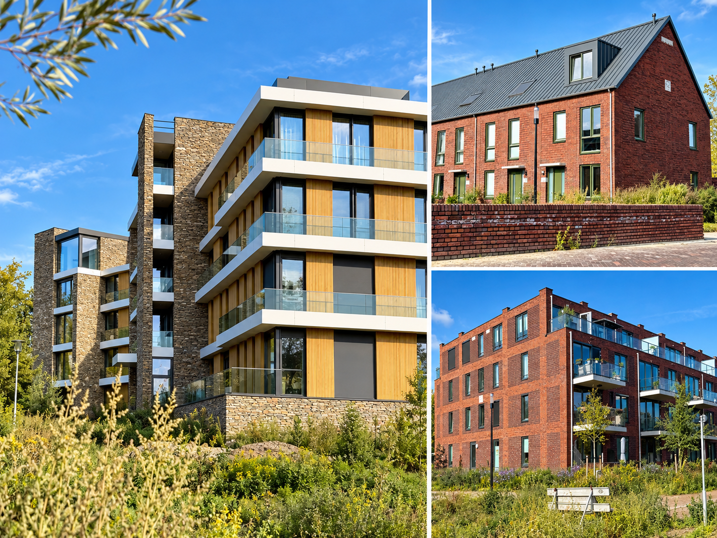 Woningen en appartementengebouwen met gemetselde gevels en balkons bij Land van Anna in Goirle