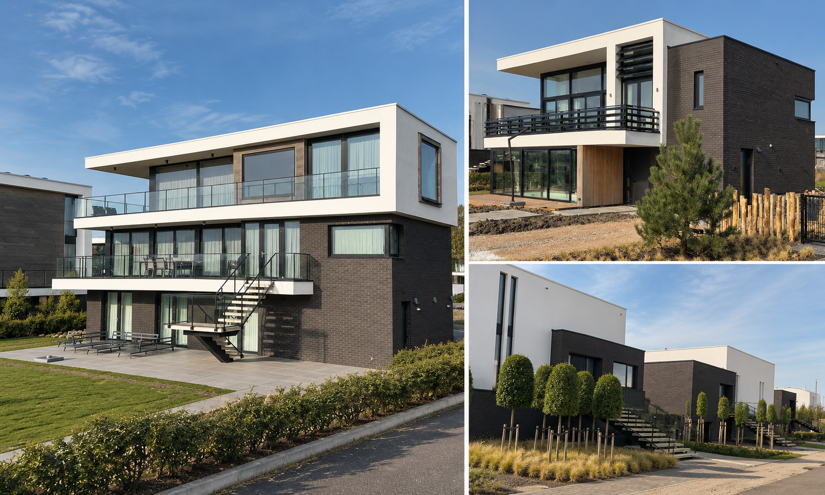 Woningen met witte balkons en donkere bakstenen gevels aan de Felixkade in Kamperland