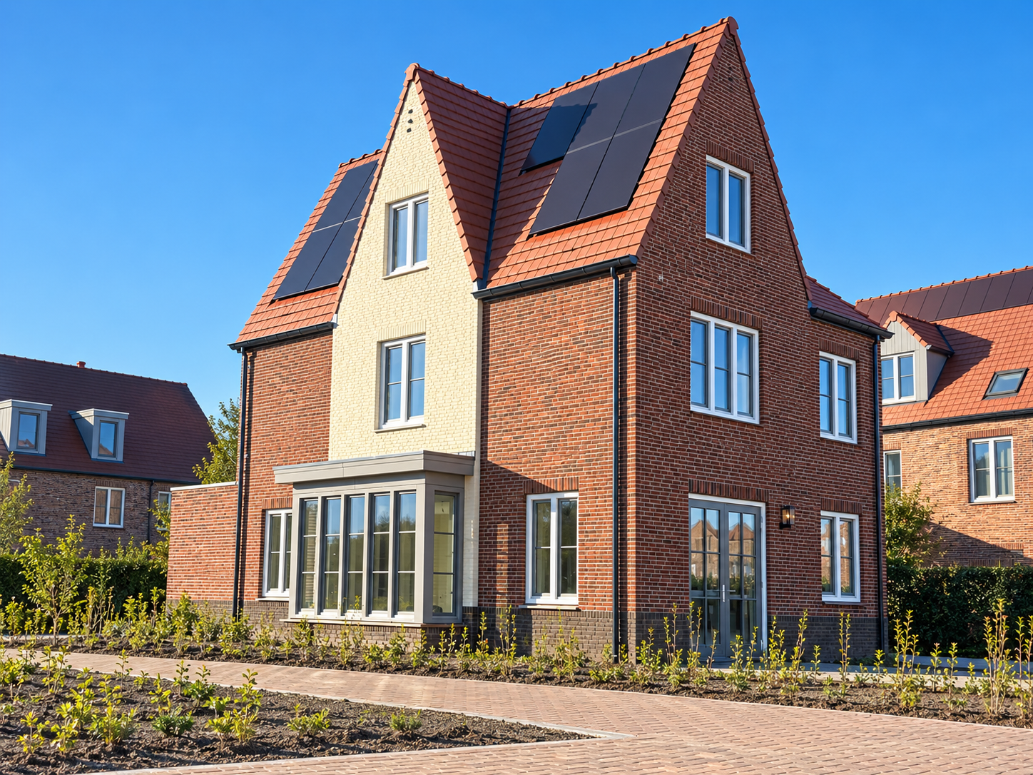 Woning met rode en lichte bakstenen puntgevels en zonnepanelen