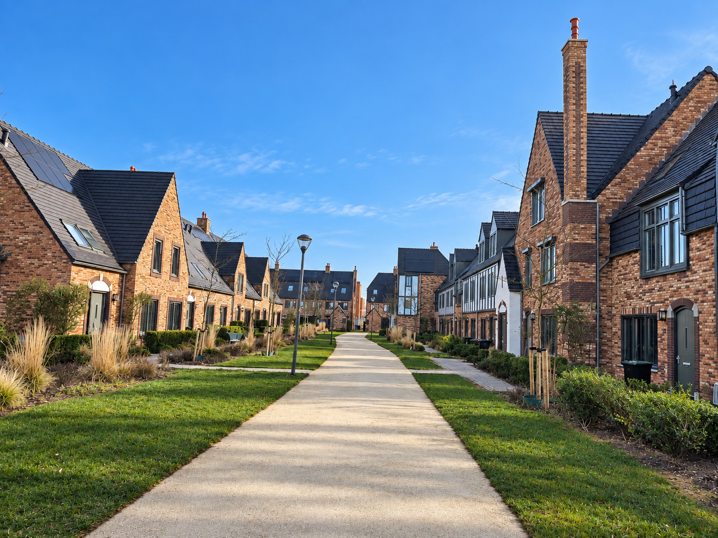 Voetpad en groenstroken tussen woningen met gemetselde gevels